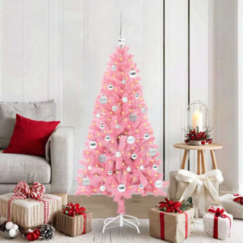Image of vidaXL Christmas Tree with 150 LEDs, Silver Balls with Stand Pink 150cm PVC, Pink 3396421