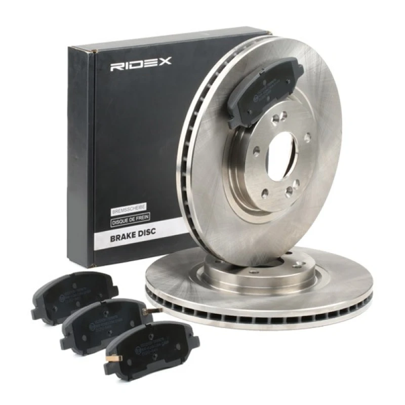 Image of RIDEX 3405B1487 Brake disc and pads set Front Axle, Brake Disc Type: Vented, with acoustic wear warning Brake Set,disc brakes (3405)