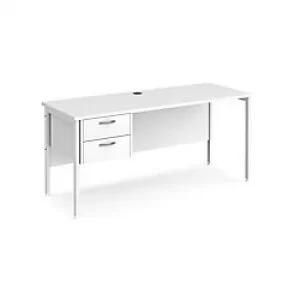 image of Rectangular Straight Desk White Wood H-Frame Legs White Maestro 25 1600 x 600 x 725mm 2 Drawer Pedestal