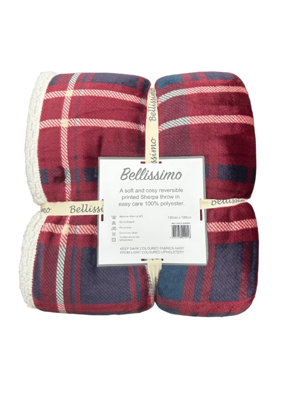 Image of Red Check Sherpa Throw. Warm Soft Fleece Throw With Sherpa Reverse. 130 X 180Cm
