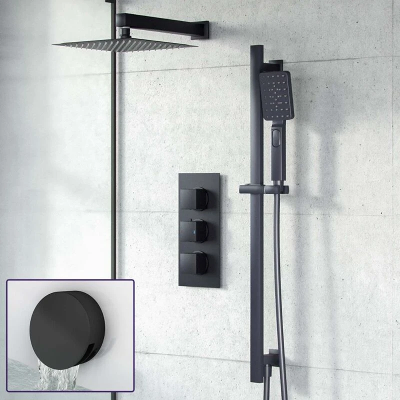 Image of Nes Home Matte Black 3-Way Thermostatic Mixer valve with 200mm Shower Head, Riser Rail and Handheld & Bath Filler Waste Set Black