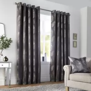 image of Curtina Feather Jacquard Eyelet Lined Curtains, Slate, 46 x 54 Inch