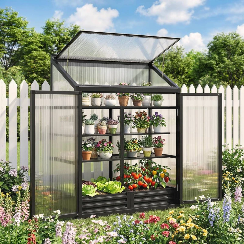 Image of OUTSUNNY Polycarbonate Greenhouse with Door, Aluminium Walk-in Greenhouse in Black Size: 0.6m2 Black Unisex 0.6m2