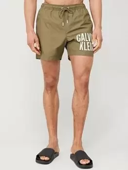 Image of Calvin Klein Medium Large Logo Swim Shorts - Dark Green, Dark Green, Size 2XL, Men