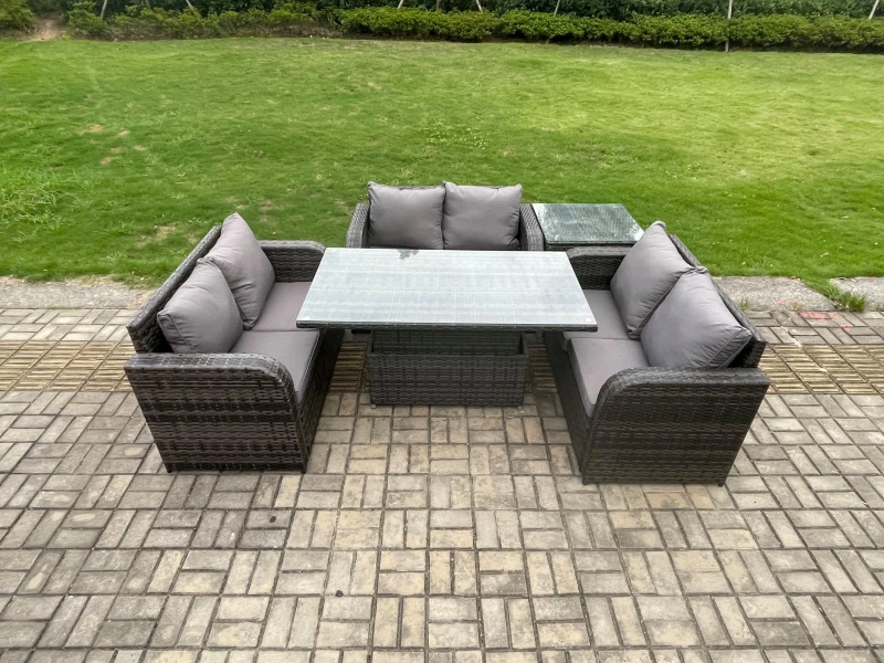 Image of Fimous Outdoor Rattan Furniture Garden Dining Set Height Adjustable Rising lifting Table With 3 PC Love Sofa Side Table Dark Grey