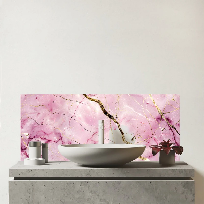 Image of Warren Reed - Designer Polished Rose Marble Effect Glass Bathroom Splashback in Pink Pink Unisex