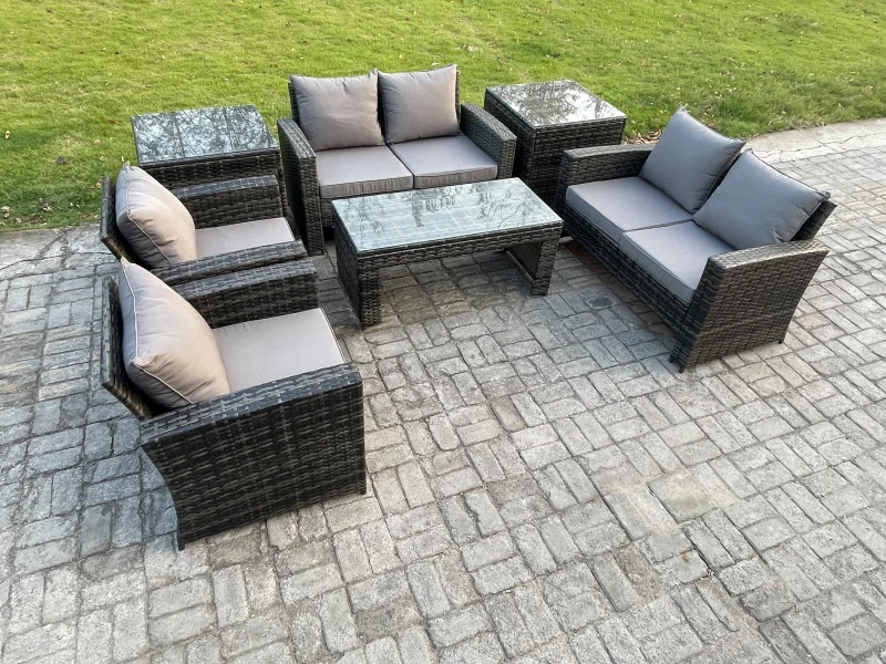 Image of Fimous 6 Seater Dark Grey Mixed High Back Rattan Sofa Set Coffee Table Garden Furniture Outdoor Patio With Love Sofa Arm Chair Dark Grey Unisex