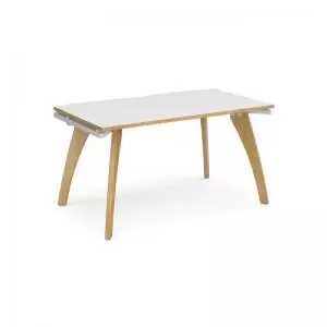 image of Fuze single desk 1400mm x 800mm - white frame and white top with oak