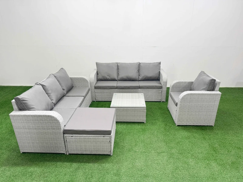 Image of Fimous 8 Seater Poly Rattan Outdoor Garden Furniture Square Coffee Table Sofa Set Patio 3 Seater Sofa Reclining Chair 3 Seater Sofa Big Footstool Ligh