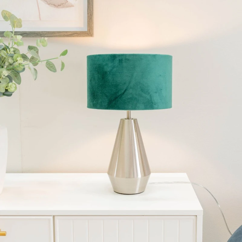 Image of ValueLights Jax Brushed Chrome Dimmable Touch Table Lamp with Velvet Drum Shade Bottle Green