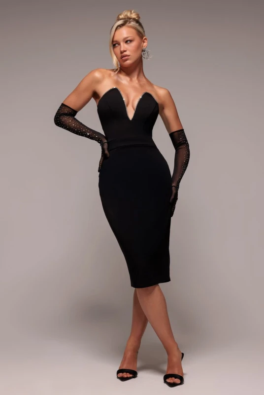 Image of Goddiva Womens Strapless Super Plunge Diamante Neck Midi Dress in Black Size: 16 Black Female 16