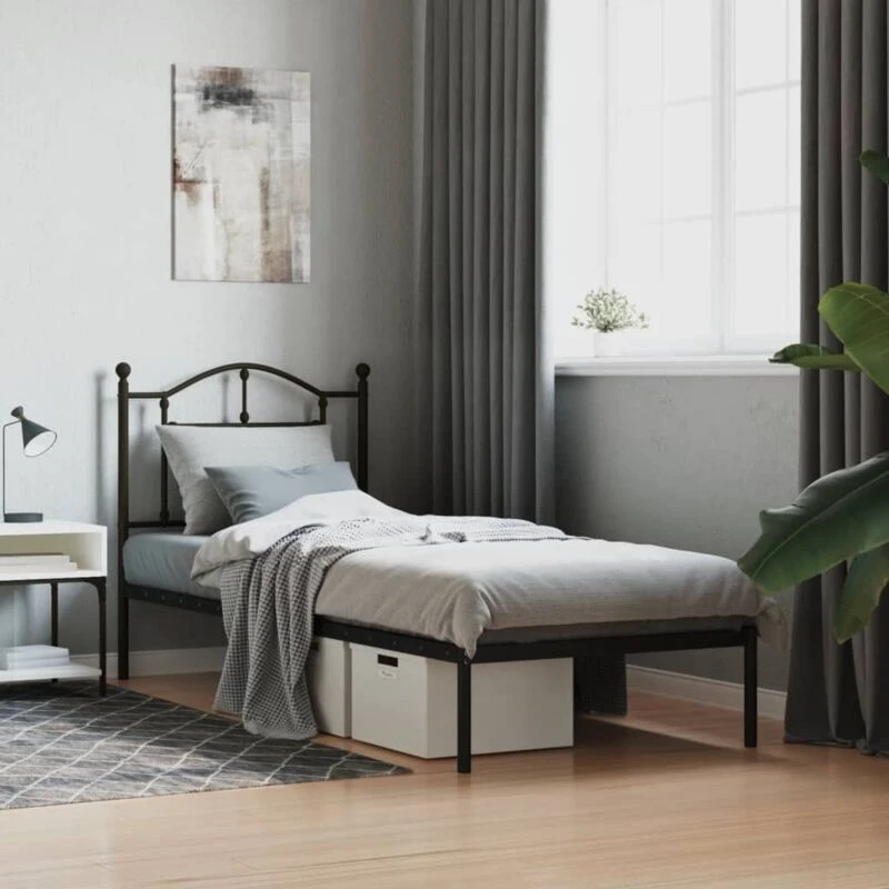Image of Vidaxl Metal Bed Frame Without Mattress With Headboard Black 90X200 Cm, Black 353432