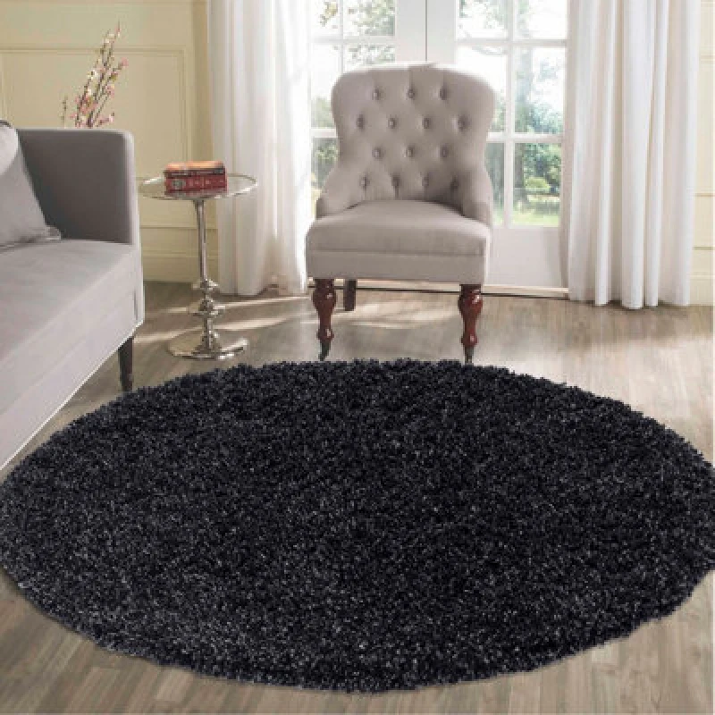 Image of Desire Rugs Plain Living Room Shaggy Area Rugs Anthracite Round 120X120 Cm