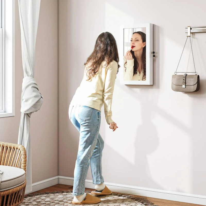 Image of HOMCOM Jewelry Cabinet, Wall-Mounted Storage Cabinet with Mirror in White White Unisex