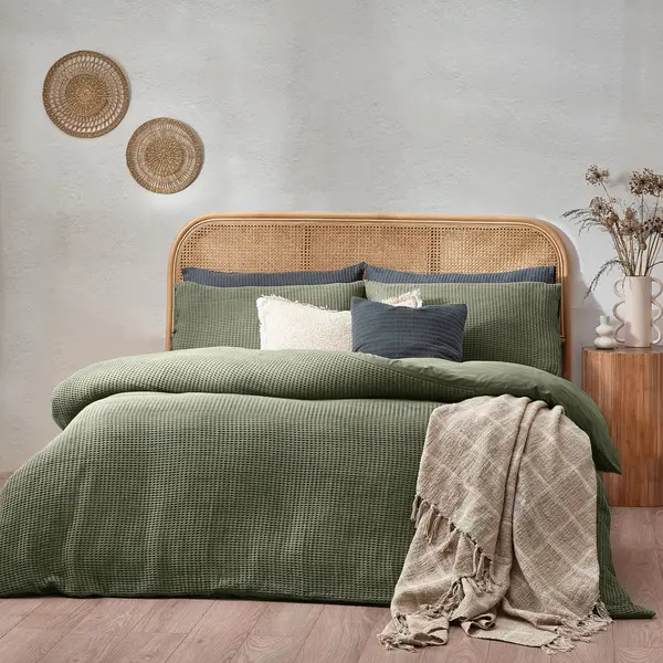Image of Yard Chunky Waffle Eucalyptus Duvet Cover and Pillowcase Set Eucalyptus