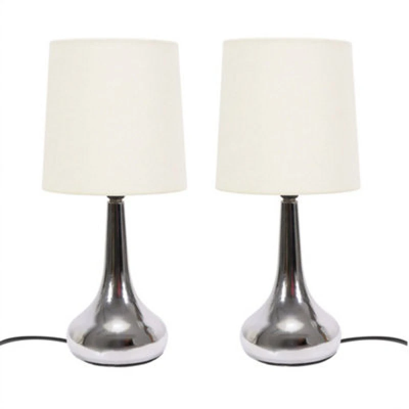 Image of VALUELIGHTS Valuelights - Pair - Silver Chrome Teardrop Touch Dimmer Table Lamps with Cream Shade for Bedside Table Bedroom Light - LED Bulbs Included