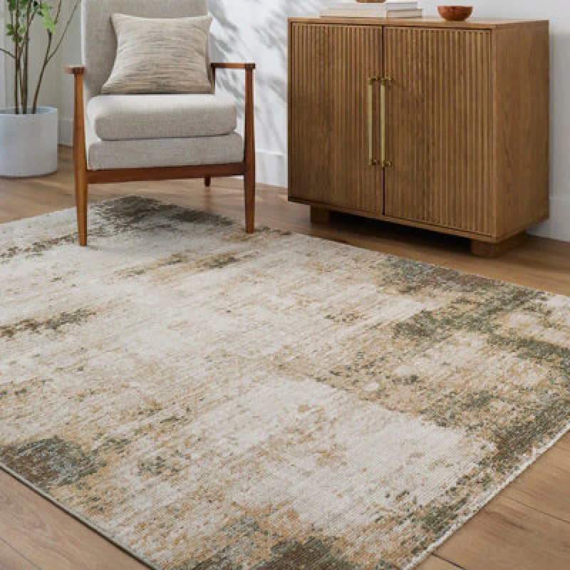 Image of Livabliss Galey Alix Myrtle Avenue-Abstract Cream Brown Green Blue Modern Marble Fringe Living Dining Bedroom Rug 200 X 275cm Easy Care