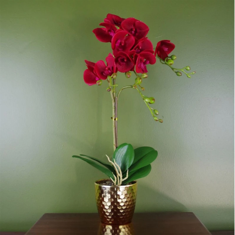 Image of Leaf Orchid Artificial Dark Red Gold Pot 50cm Phalaenopsis Botanik Red