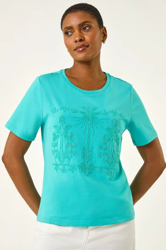 Image of Roman Womens Beaded Patterned Trim T-Shirt in Blue Size: 10 Blue Female 10