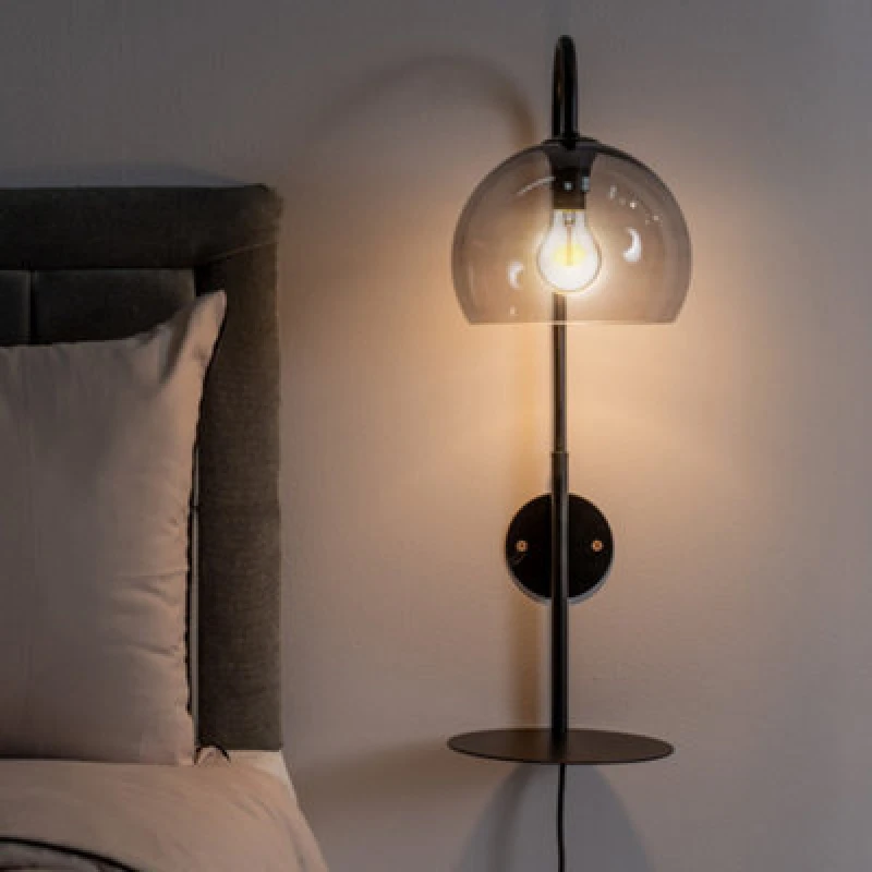 Image of ValueLights ValueLights Glenn Smoked Glass Globe Shade Wall Light with Matte Black Shelf with LED Bulb Black One Size Unisex 5059406066269