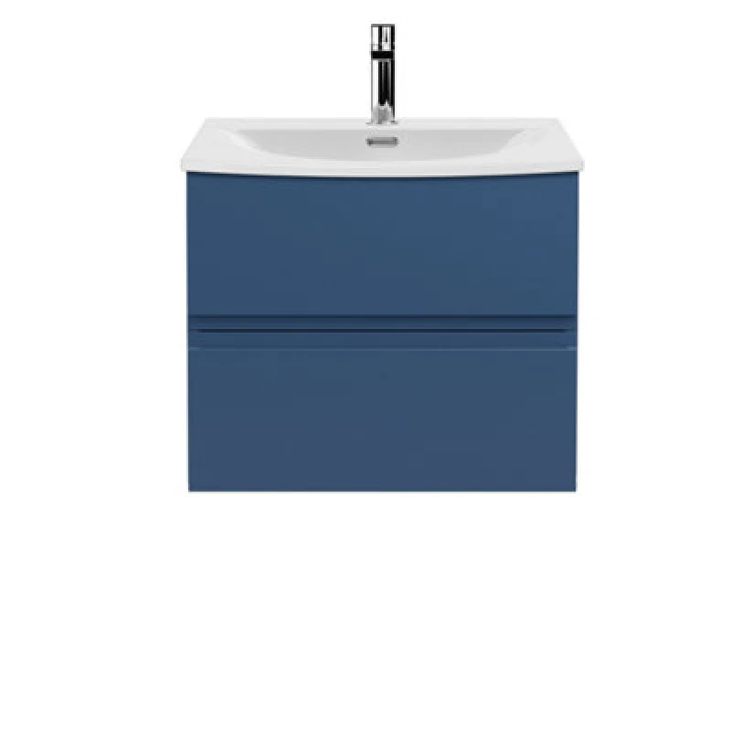 Image of Nuie Hudson Reed Urban Wall Hung 2 Drawer Vanity Unit With Curved Ceramic Basin, Modern Bathroom Furniture In Satin Blue, 600mm