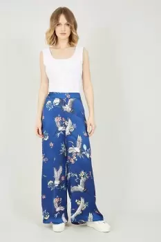 image of Navy Satin Crane Print Palazzo Trousers