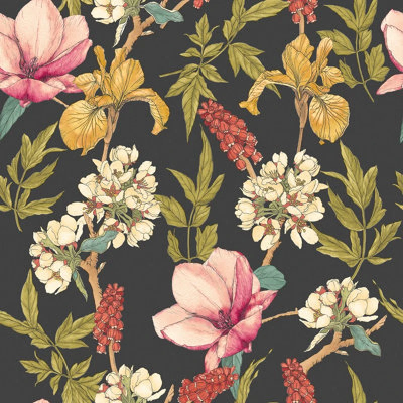 Image of Hoopla Walls Orchid Bloom Ebony & Raspberry Smooth Matt Wallpaper