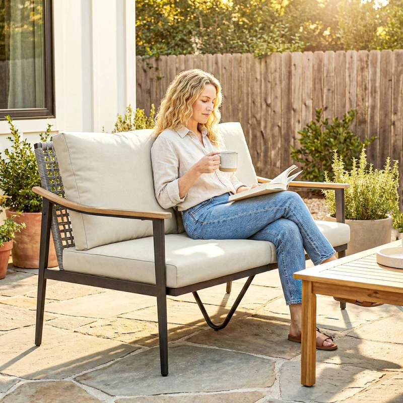 Image of OUTSUNNY 2 Seater Rattan Garden Sofa with Wood-Effect Arms, Cushions in Beige Beige Unisex