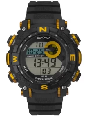 image of Sekonda Mens Black Yellow Rubber Digital Watch 1526