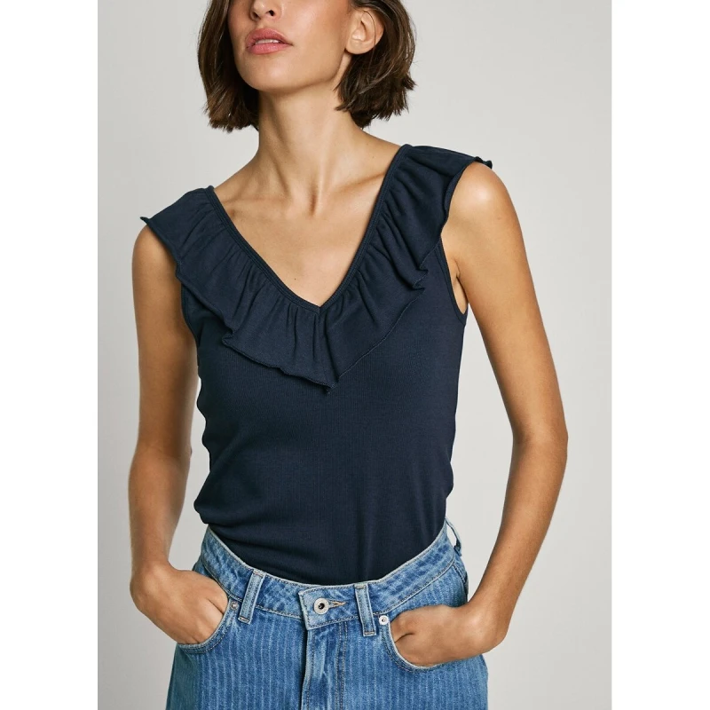 Image of Pepe Jeans V-Neck, Ruffled, Ribbed T-Shirt Midnight Blue Cotton L