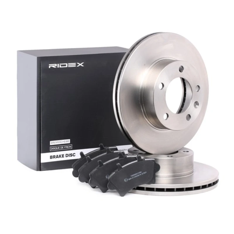 Image of RIDEX 3405B0266 Brake disc and pads set Front Axle, Brake Disc Type: Vented, with brake pads Brake Set,disc brakes (3405)
