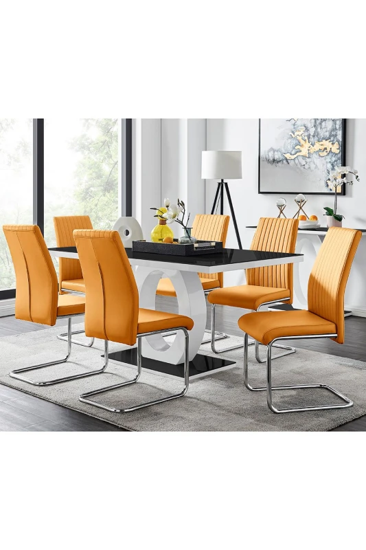 Image of FurnitureboxUK FurnitureboxUK Giovani High Gloss And Glass Dining Table And 6 Lorenzo Chairs Set in Mustard Mustard One Size Unisex 5056542638060