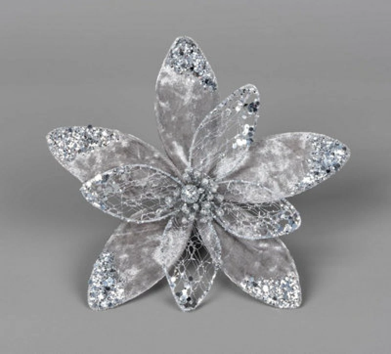 Image of Shatchi 20Cm Silver Poinsettia Poinsettia Flower - 6Pcs Christmas Tree Decorations
