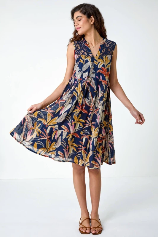 Image of Roman Cotton Tropical Lace Detail Tiered Dress Navy