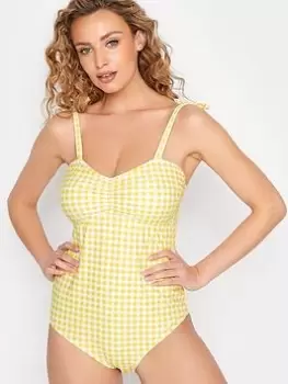 Image of Long Tall Sally Gingham Tie Shoulder Swimsuit - Yellow, Yellow, Size 10, Women