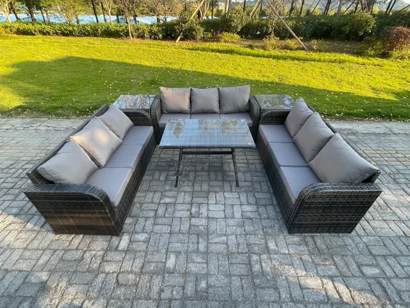 Image of Fimous 9 Seater Wicker Rattan Garden Furniture Set with Rectangular Dining Table 2 Side Tables Patio Outdoor Lounge Sofa Set Dark Grey