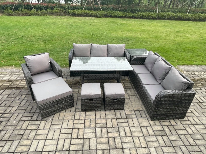 Image of Fimous 10 Seater Outdoor Rattan Garden Furniture Set Rectangular Dining Table & Chairs Set with 3 Seater Sofa 3PC Footstools Side Table in Dark Grey D