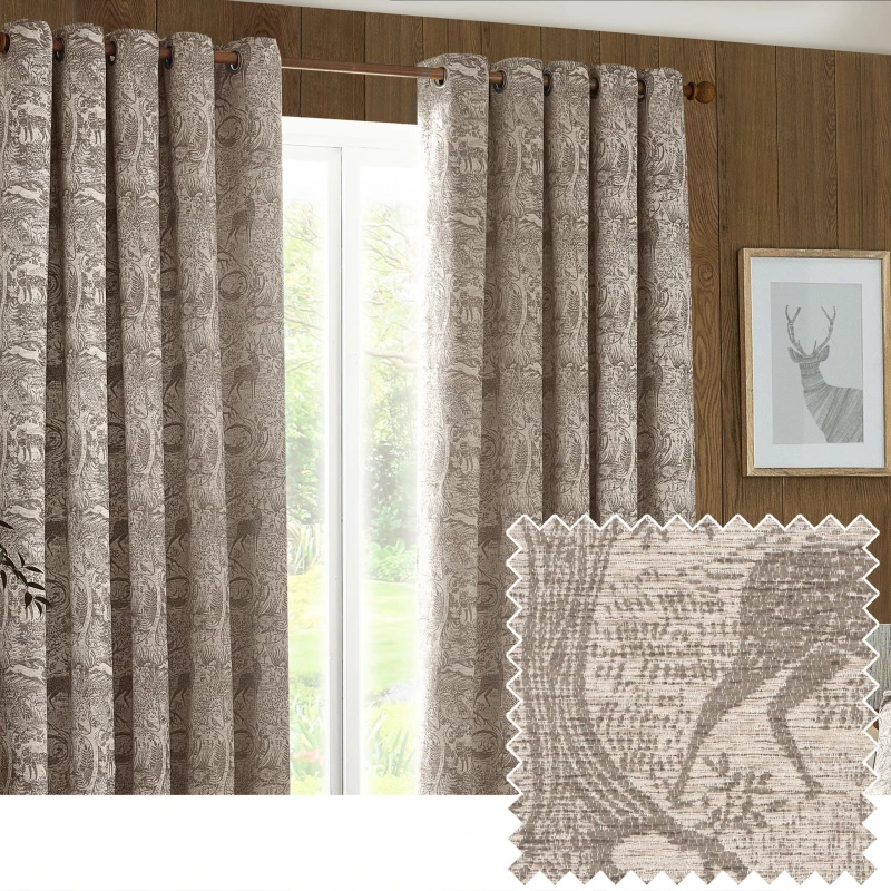 Image of Winter Woods Animal Chenille Eyelet Curtains Taupe, Taupe / 168 x 137cm