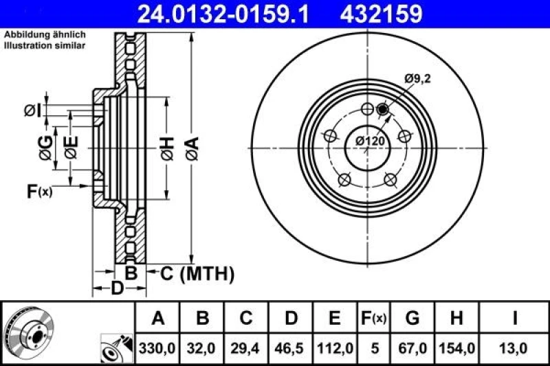Image of ATE 24.0132-0159.1 Brake disc Vented, Coated, Alloyed/High-carbon Brake Disc (82)