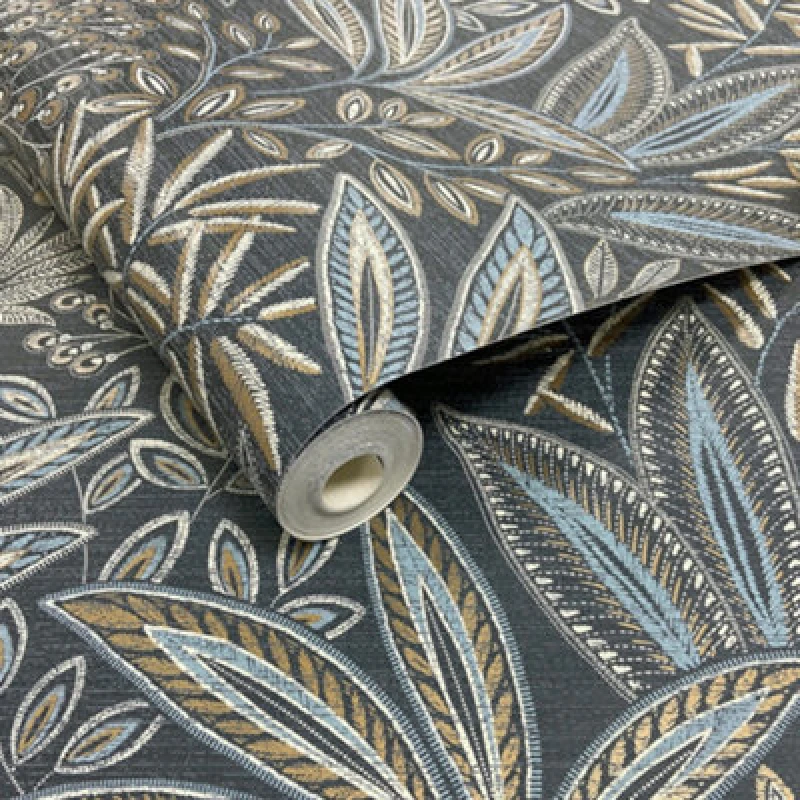 Image of Crown Sahara Leaf Navy Wallpaper Navy W2LCL Unisex