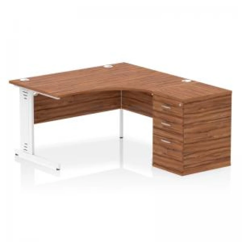Image of Impulse Impulse 1400mm Right Crescent Office Desk Walnut Top White Cable Managed Leg Workstation 600 Deep Desk High Pedestal IWSRW146WWNT