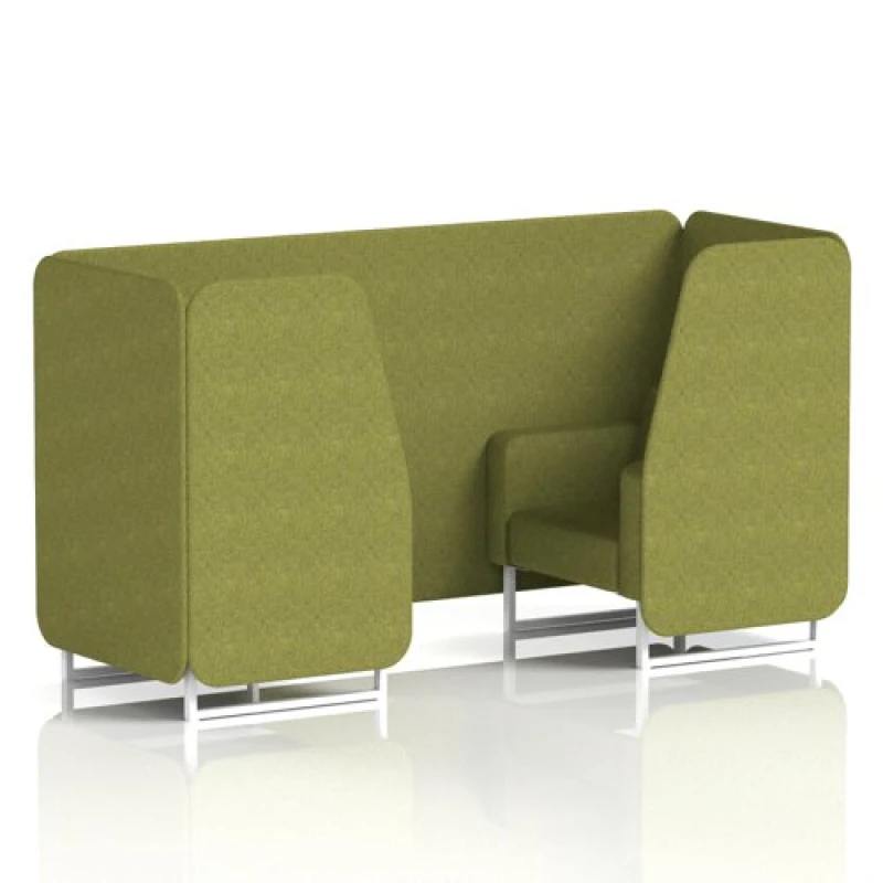 Image of Brixworth 2 Seater Office Booth with Front Panel - White Legs in Rivet Fabric - Olive Panels and Sofa