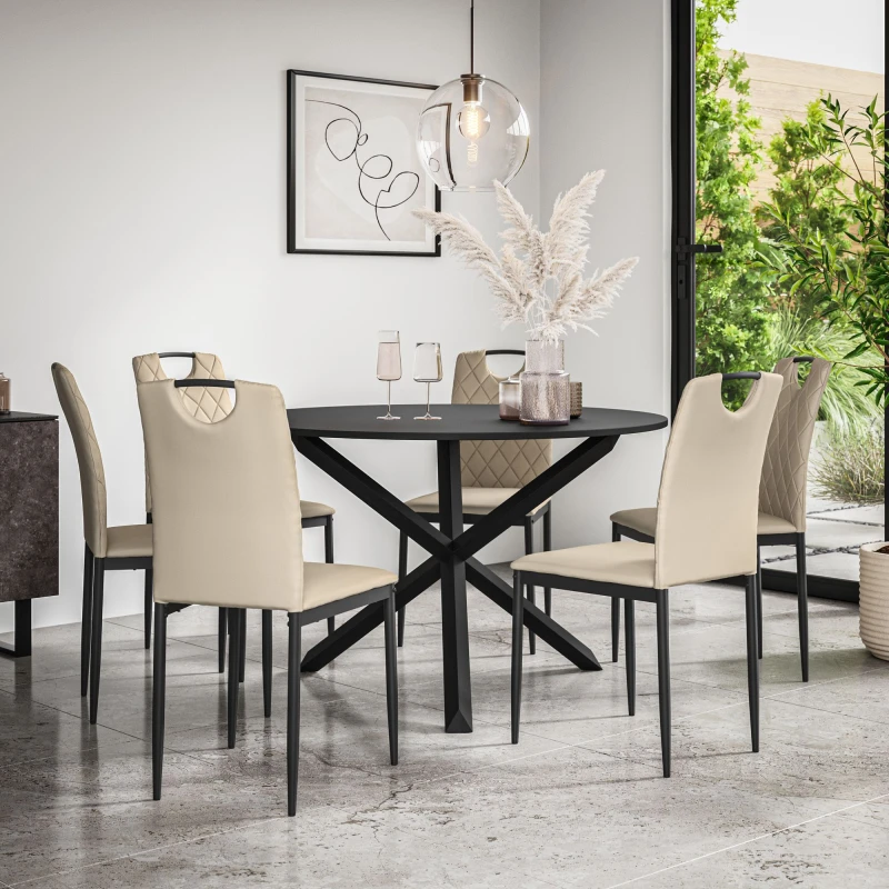 Image of More4Homes Malvern Round Dining Table & Chairs - Black Table Top w Solid Oak Black Legs + Monza Faux Leather Dining Chair Set Of 6 in Beige Beige Unis