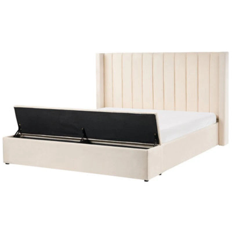 Image of Beliani Bed With Storage Bench Velvet Noyers 180 X 200 Cm (Eu Super King) Off-White