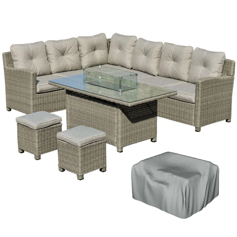Image of Outsunny Outsunny - 5 PCs Outdoor pe Rattan L-Shape Sofa Footstool Fire Pit Table Set 5056399123054