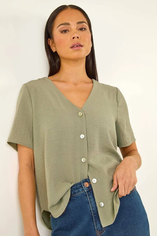 Image of Roman Womens Petite V-Neck Button Through Blouse in Khaki Size: 16 Khaki Female 16
