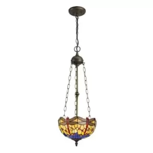 Image of 3 Light Uplighter Ceiling Pendant E27 With 30cm Tiffany Shade, Blue, Orange, Crystal, Aged Antique Brass - Luminosa Lighting