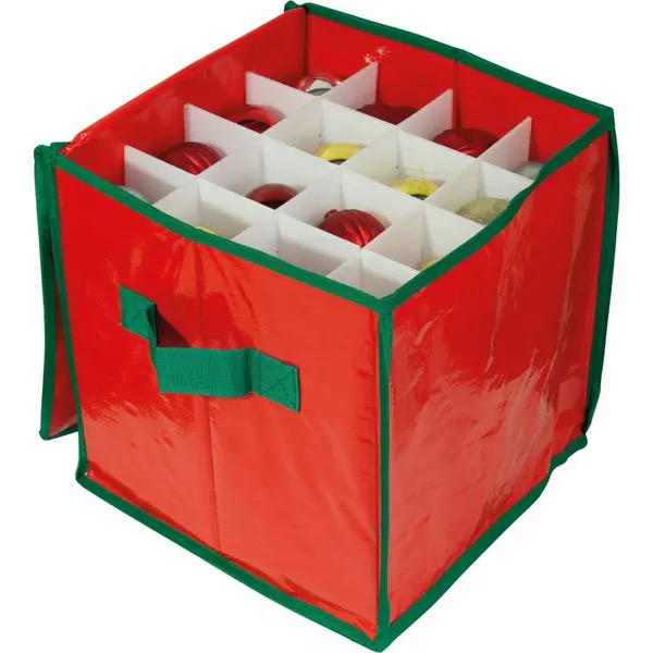 Image of Christmas 64 Compartment Bauble Decoration Storage Box Bag with Zip Closure and Side Handle - Red ELV-531578