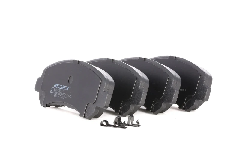Image of RIDEX 402B0173 Brake pad set Front Axle, with acoustic wear warning, with anti-squeak plate Brake Pad Set,disc brake (402)