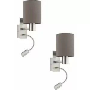 Image of 2 pack Wall Light Satin Nickel Shade Anthracite Brown Fabric E27 40W LED 3.5W